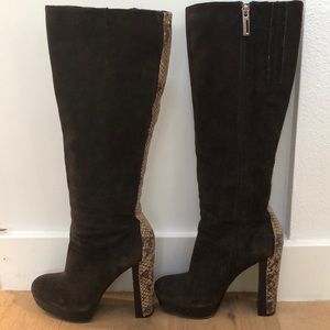 Calvin Klein “Lacie” Snake Print Brown Suede Boots